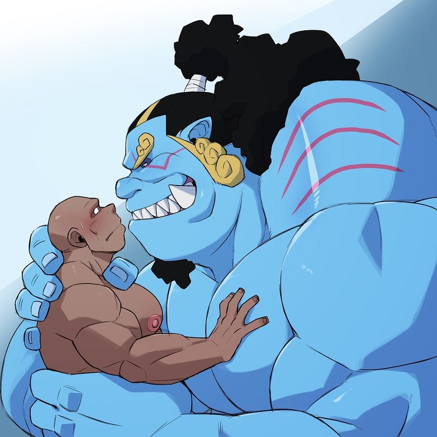 blue_body duo male muscular muscular_humanoid muscular_male muscular_sub nipples pecs sharp_teeth size_difference submissive submissive_male teeth othukimi one_piece jinbe fish-men_(one_piece) human humanoid mammal marine 1:1