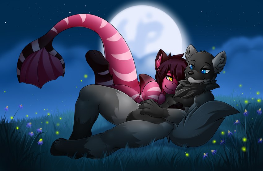 anthro black_body black_fur blue_eyes breasts butt cloud cuddling dorsal_fin duo featureless_breasts featureless_crotch female fin flower fluffy fluffy_ears fluffy_tail full_moon fur grass grey_body grey_fur hair hand_on_chest lying male male/female moon neck_tuft night nude on_back pink_body plant purple_hair romantic romantic_couple sky star stripes tail tuft yellow_eyes deerrobin dusk_sharpclaw layla_thompson arthropod beetle canid canine canis elateroid firefly fish insect mammal marine shark wolf hi_res