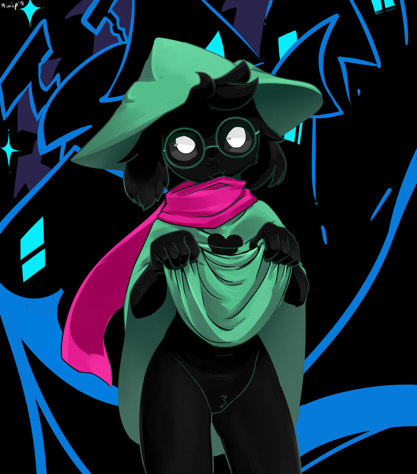 anthro black_body black_fur bottomwear clothed clothing clothing_lift crossgender detailed_background eyewear female fur genitals glasses hat headgear headwear looking_at_viewer mostly_clothed mtf_crossgender no_underwear presenting pussy scarf skirt skirt_lift solo standing town deadmimicked deltarune undertale_(series) ralsei bovid caprine goat mammal hi_res