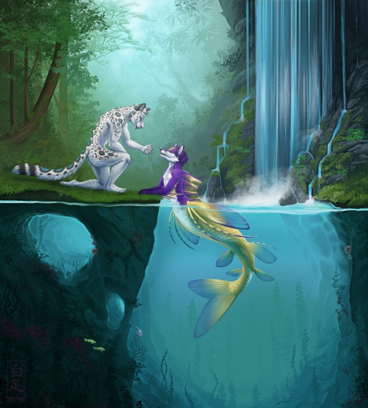 anthro cave creek detailed_background duo forest jewelry kneeling lake male nude on_one_knee outside partially_submerged plant side_view split_form tree water waterfall waterline_view shiroashi kairotheleopard victory_(texdot) ambient_fish ambient_sealife felid fish mammal marine pantherine snow_leopard unknown_species 2016 digital_media_(artwork) full-length_portrait hi_res portrait