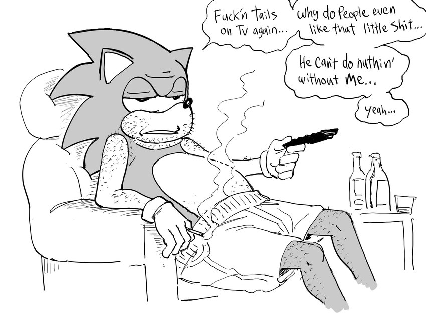 5_fingers anthro biped bottle cigarette clothed clothing container countershade_face countershade_torso countershading dialogue fingers gloves handwear holding_object male profanity solo text topless topless_anthro topless_male baalbuddy sega sonic_the_hedgehog_(series) sonic_the_hedgehog eulipotyphlan hedgehog mammal 4:3 absurd_res english_text greyscale hi_res monochrome