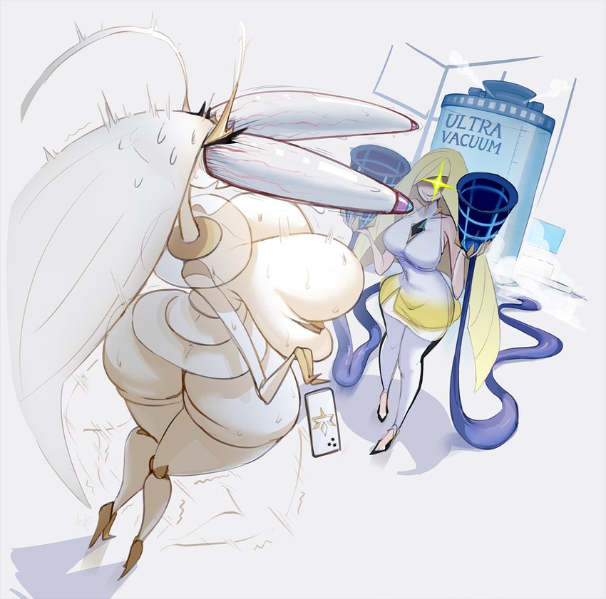 antennae_(anatomy) big_breasts blonde_hair breasts cellphone electronics eyes_popping_out female female/female hair huge_breasts machine milking_machine phone smartphone acrylictoon nintendo pokemon lusamine_(pokemon) arthropod blattodea cockroach generation_7_pokemon insect pheromosa pokemon_(species) ultra_beast digital_media_(artwork) hi_res