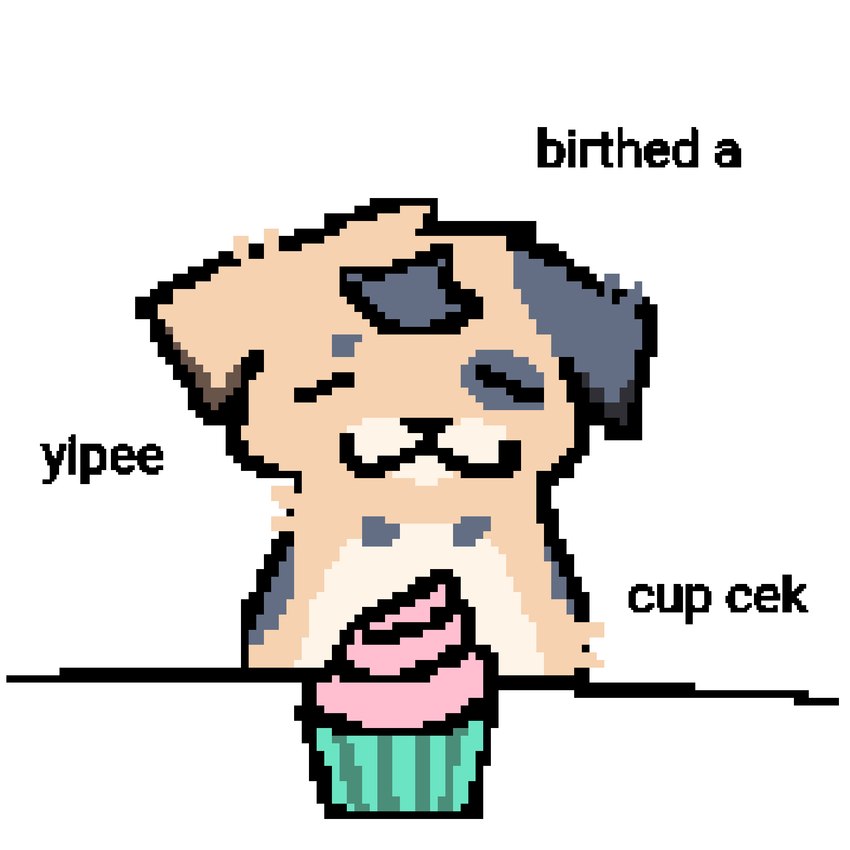 :3 ambiguous_feral ambiguous_gender birthday black_text cupcake eye_markings eyes_closed feral food fur fur_markings grey_body grey_ears grey_fur hair light_body light_fur markings mouth_closed pixelated simple_background solo tan_body tan_ears tan_fur tan_hair text white_background sillycritterz_(artist) canid canine canis domestic_dog mammal 1:1 2022 digital_media_(artwork) english_text hi_res