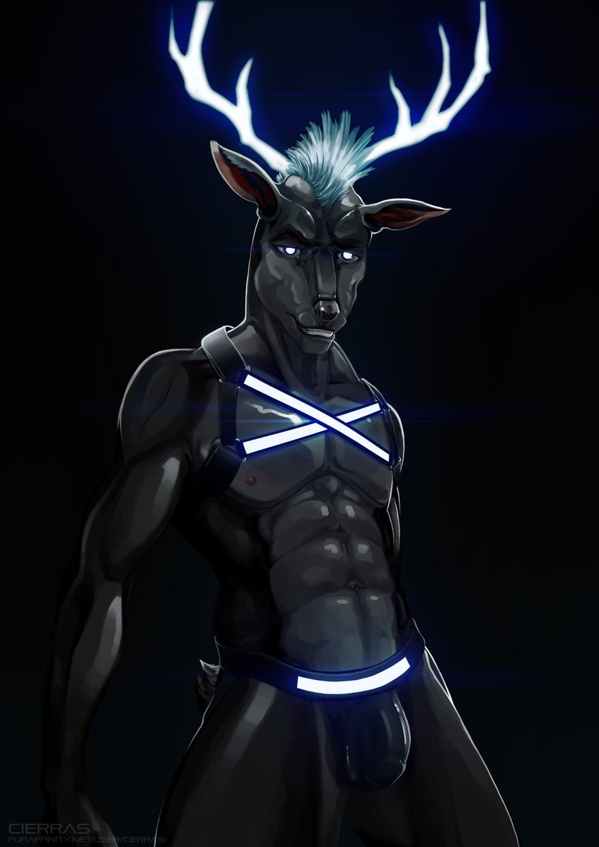 abs anthro antlers athletic athletic_anthro athletic_male black_background black_body black_clothing blue_antlers blue_hair blue_horn bulge clothed clothing detailed_bulge genital_outline glowing glowing_antlers glowing_clothing glowing_eyes glowing_hair grin hair harness horn jockstrap looking_at_viewer male navel nipples pecs penis_outline short_hair simple_background skimpy smile smiling_at_viewer solo standing underwear cierras deer mammal 2020 absurd_res hi_res