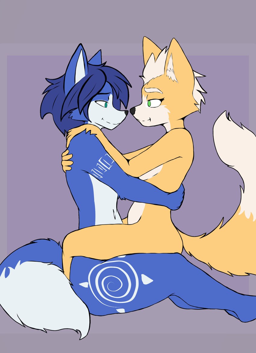 anthro anthro_on_anthro blue_body blue_eyes blue_fur blue_hair boop breasts butt cowgirl_position crossgender duo eye_contact female fox_tail from_front_position ftm_crossgender fur green_eyes hair hands_behind_back hands_on_hips happy hug looking_at_another lotus_position male male/female markings mtf_crossgender nose_boop nude nude_anthro nude_female nude_male on_bottom on_top seductive sex side_view small_breasts thick_thighs tribal tribal_markings white_hair wide_hips yellow_body yellow_fur skade_(artist) nintendo star_fox fox_mccloud krystal_(star_fox) canid canine canis cerinian fox mammal absurd_res hi_res