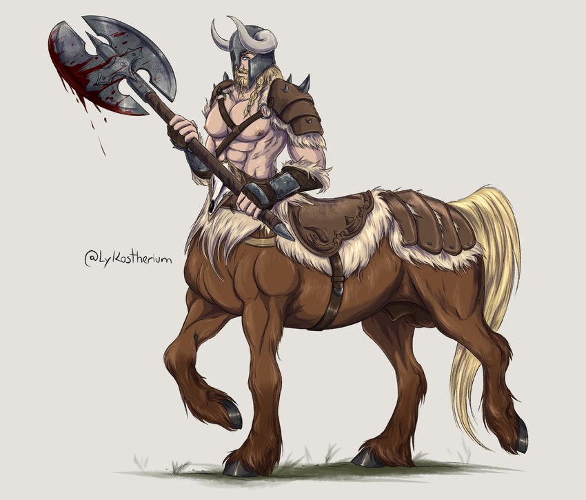 anatomically_correct armor axe balls blood bodily_fluids genitals headgear helmet horn horned_helmet male muscular muscular_male solo lykostherium european_mythology greek_mythology mythology centaur equid equid_taur humanoid_taur mammal mammal_taur taur hi_res