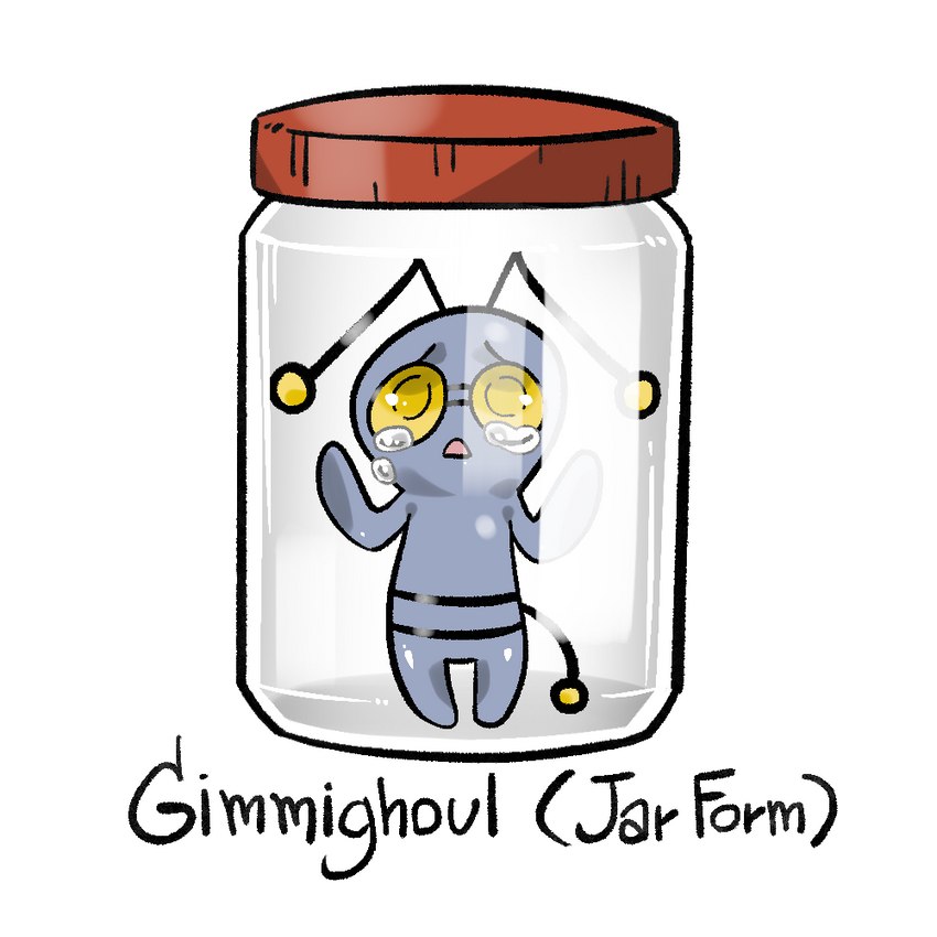 ambiguous_gender antennae_(anatomy) biped bodily_fluids container glistening glistening_body grey_body grey_markings grey_stripes in_container in_jar jar markings not_furry simple_background solo striped_markings stripes tears white_background yellow_eyes monodie nintendo pokemon pony_cum_jar_project generation_9_pokemon gimmighoul gimmighoul_(roaming_form) humanoid pokemon_(species) 1:1 colored meme shaded