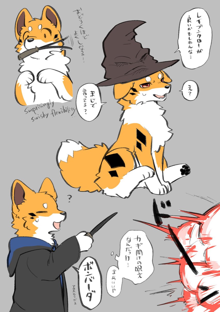 ambiguous_gender anthro black_markings brown_inner_ear cheek_tuft clothing dialogue dipstick_tail explosion facial_markings facial_tuft feral fluffy fluffy_tail fur head_markings hogwarts_uniform holding_object markings open_mouth orange_body orange_ears orange_fur orange_tail prick_ears ravenclaw red_eyes robe school_uniform sitting solo speech_bubble standing tail tail_markings text tuft uniform wand wand_in_mouth wearing_hat white_body white_fur white_tail_tip tsukune_minaga harry_potter_(series) kitsuneinu sorting_hat canid canine canis domestic_dog mammal 2024 digital_media_(artwork) english_text hi_res japanese_text multiple_images