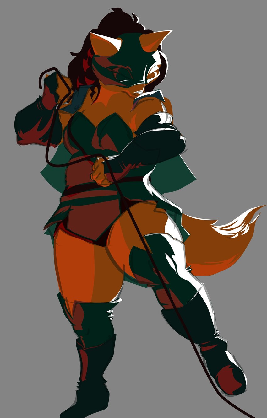 anthro bottomwear clothed clothing dress female fingerless_gloves fur gloves hair handwear hexley_fox hotpants legwear light mask on_one_leg rope short_dress shorts solo standing tail thick_tail thick_thighs thigh_highs greenpolygon canid canine fox mammal 2023 absurd_res digital_media_(artwork) guide_lines hi_res krita_(artwork) lighting shaded