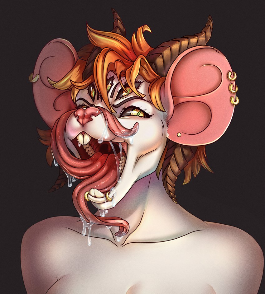 2_tongues 4_horns 5_eyes anthro big_ears black_sclera bodily_fluids breasts buckteeth buckteeth_(lower_incisors) ear_piercing ear_ring facial_piercing female hair horn lip_piercing lip_ring long_tongue mouth_shot multi_eye multi_horn multi_tongue open_mouth orange_hair piercing pink_ears ring_piercing round_ears saliva short_hair simple_background snakebite_piercing solo teeth tongue tongue_out uvula gotikamaamakitog diana_valentine eldritch_abomination mammal murid murine rat rodent 2023 absurd_res bust_portrait digital_media_(artwork) hi_res portrait