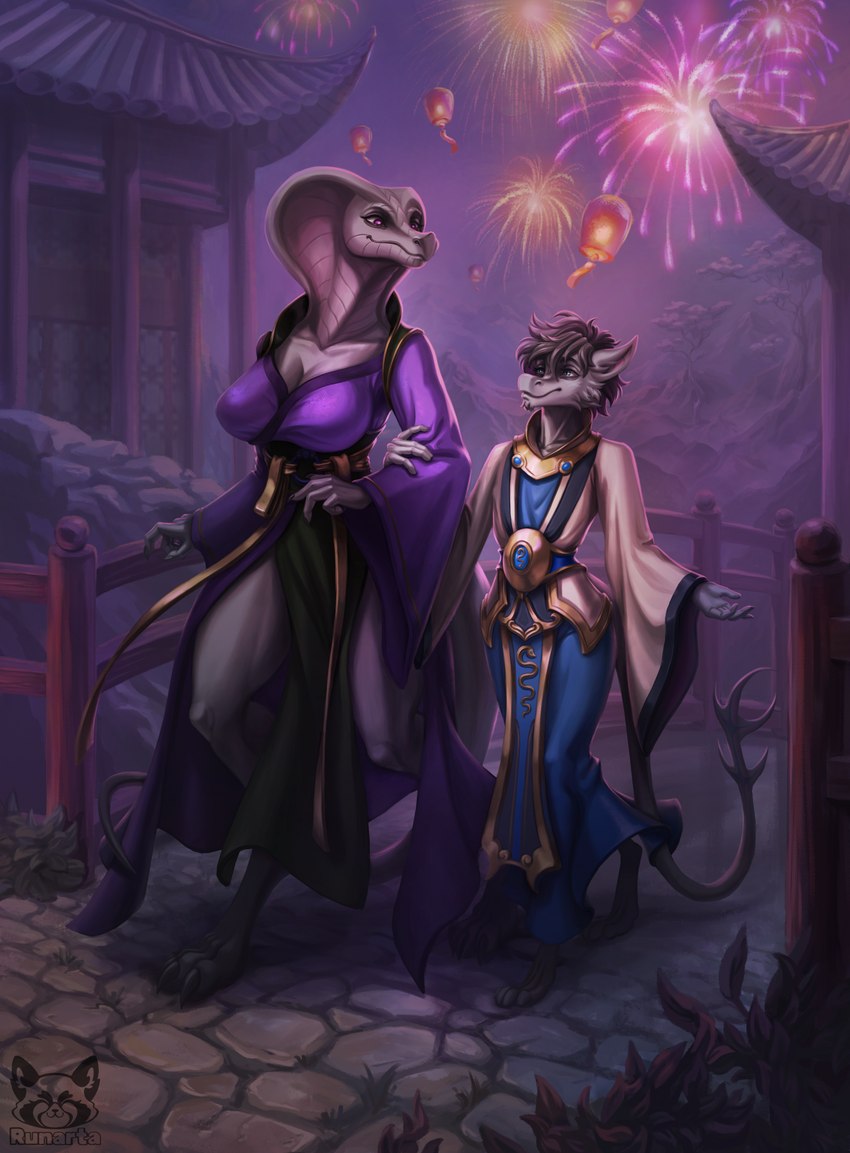 anthro asian_clothing big_breasts black_hair blue_clothing blue_dress blue_eyes bottomwear breasts chao_garden chinese_clothing clothing dress duo east_asian_clothing feet female fireworks grey_body grey_scales hair high_collar highlights_(coloring) jewelry lamp larger_female loincloth long_sleeves male male/female paws purple_clothing purple_dress purple_eyes scales size_difference slim small_waist smaller_male snake_hood traditional_dress waistband walking white_highlights runarta blizzard_entertainment chinese_zodiac lunar_new_year mythology new_year_2025 warcraft year_of_the_snake darra jaro alien dragon hybrid mythological_creature mythological_scalie reptile scalie sethrak snake hi_res painting_(artwork)