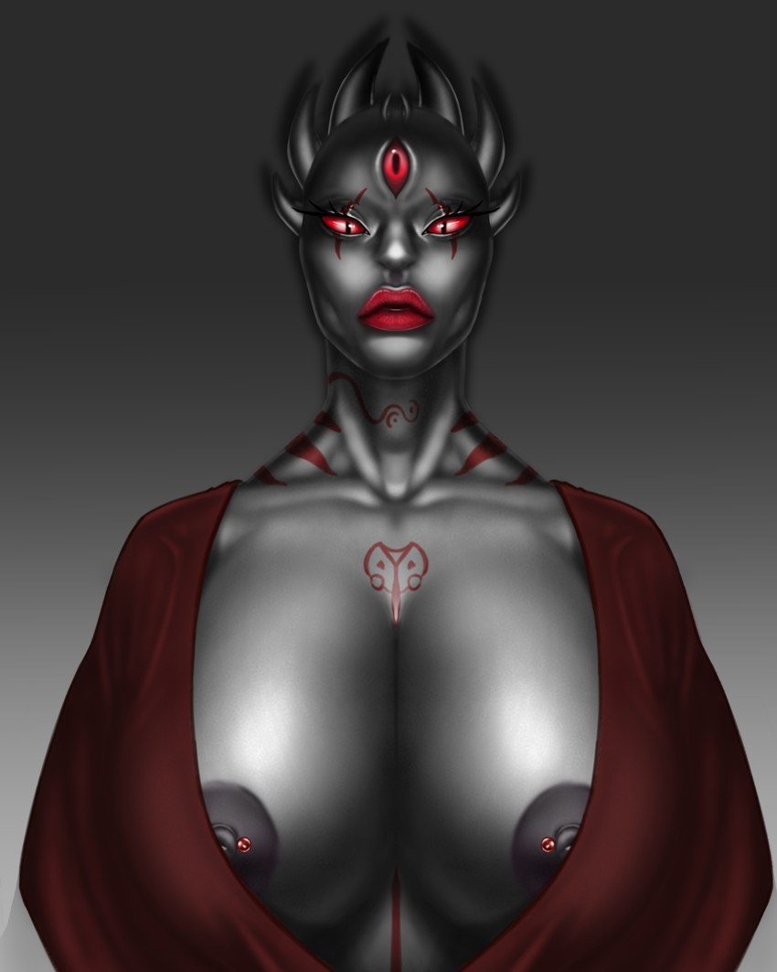 anthro big_breasts black_body black_skin breasts clothing female looking_at_viewer muscular muscular_anthro nipple_piercing nipples piercing red_eyes simple_background solo tattoo alester_nibras yetzer_hara annelid demon jinn leech 4:5 absurd_res digital_media_(artwork) hi_res