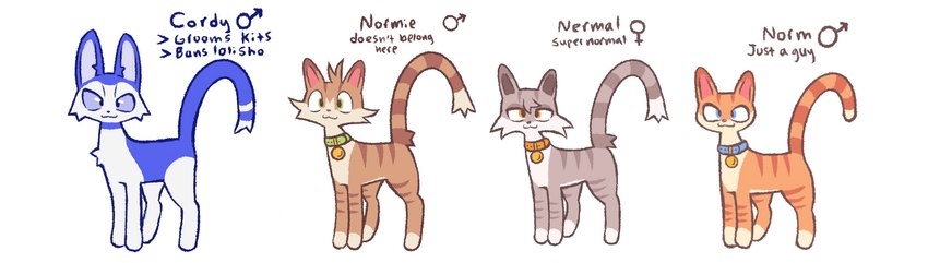 collar collar_only female feral group male nude standing tail toony conditional_dnp labbit_(artist) 4clan discord_(app) warriors_(book_series) cordy_(labbit) fan_character nermal_(labbit) norm_(labbit) normie_(labbit) domestic_cat felid feline felis mammal tabby_cat character_name hi_res