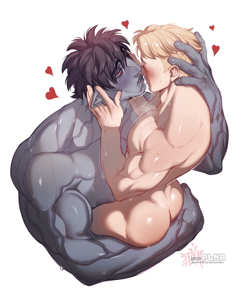 5_fingers biceps black_hair blonde_hair blush blush_lines duo fingers grey_body grey_skin hair human_on_humanoid humanoid_pointy_ears interspecies male male/male male_on_human male_on_humanoid muscular muscular_human muscular_humanoid muscular_male not_furry pecs pointy_ears size_difference vein plna human humanoid mammal hi_res