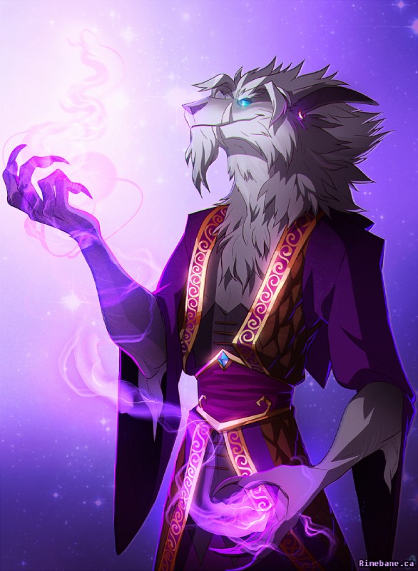 anthro blue_eyes claws clothing ear_piercing fur hair magic magic_user male piercing robe simple_background slim smile solo teeth text rimebane blizzard_entertainment warcraft canid mammal werecanid werecreature worgen hi_res