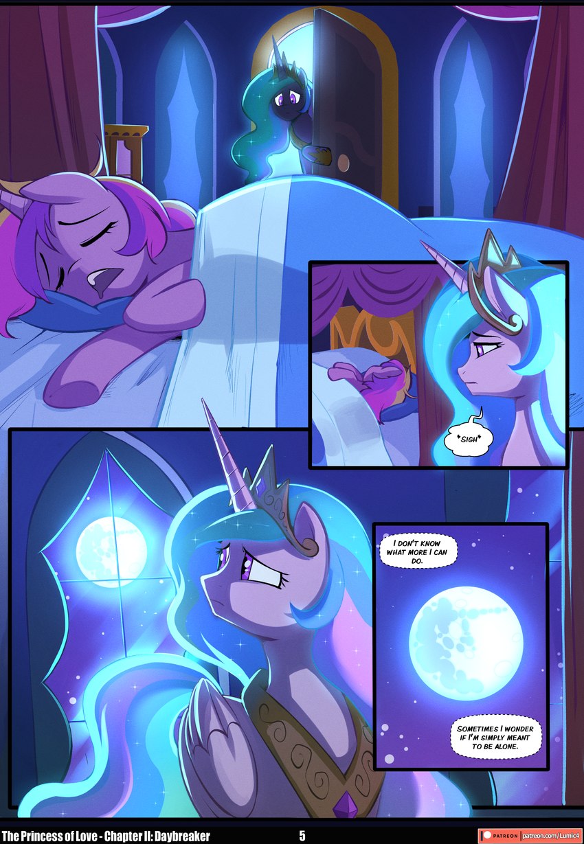 bed bedding bedroom blanket blue_glow blue_hues blue_light blue_lighting canterlot concern crown dialogue duo ears_up eyes_closed female feral folded_wings frown full_moon furniture glancing_back headgear hooves horn inside light long_horn mare_in_the_moon moon moonlight narrowed_eyes night open_door open_mouth pillow regalia sad sigh sighing sky standing star starry_sky text wings asura-00 chilllum friendship_is_magic hasbro my_little_pony mythology princess_cadance_(mlp) princess_celestia_(mlp) equid equine mammal mythological_creature mythological_equine winged_unicorn absurd_res comic english_text hi_res adopted_(lore) adopted_daughter_(lore) adoptive_mother_(lore)