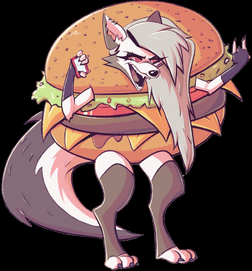 anthro burger burger_costume clothed clothing costume female food food_costume solo standing adam_clowery helluva_boss mythology loona_(helluva_boss) canid canid_demon canine demon hellhound mammal mythological_canine mythological_creature absurd_res alpha_channel hi_res