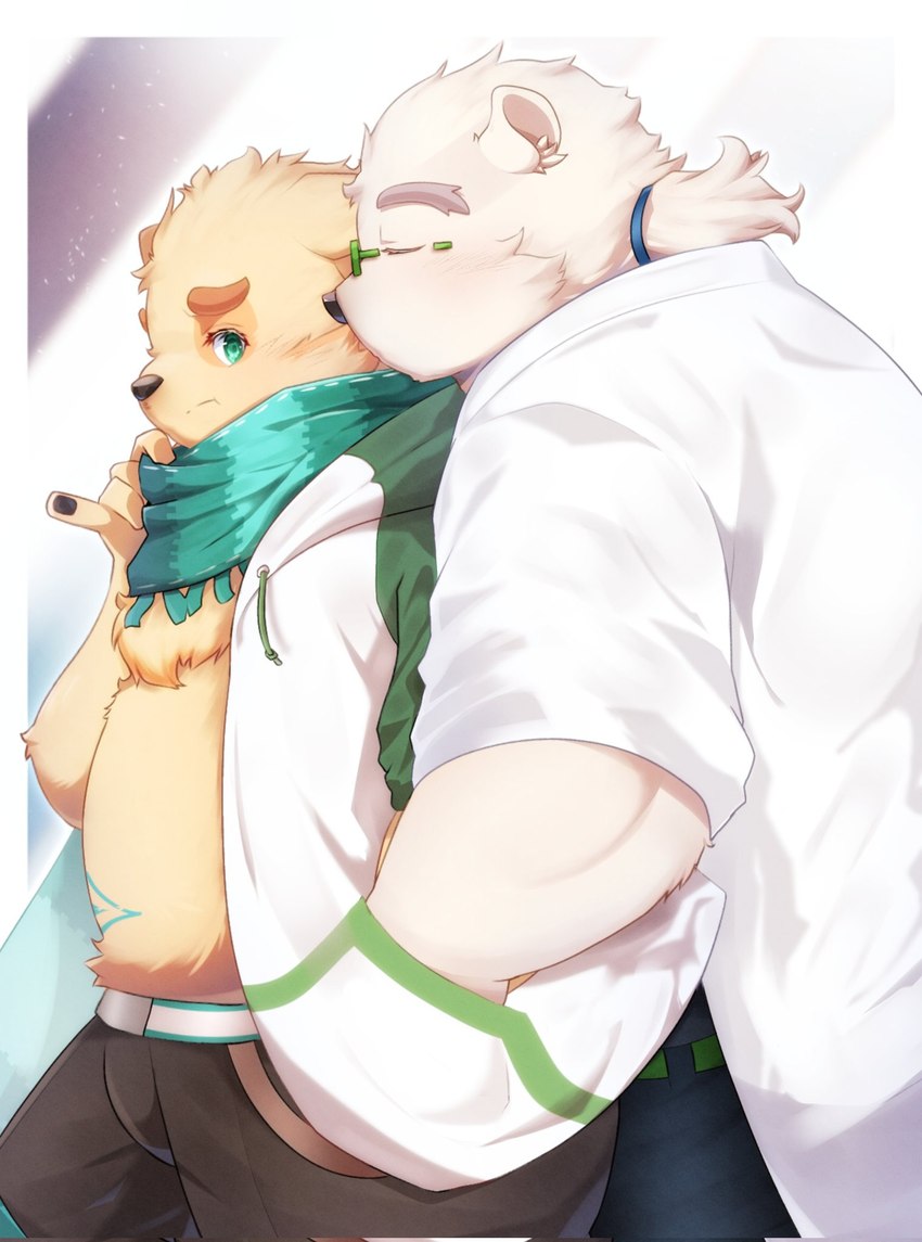 anthro belly clothing coat duo eyewear fur glasses kissing_cheek lab_coat male male/male scarf shirtless slightly_chubby topwear white_body white_fur yellow_body yellow_fur sora_idiotka lifewonders tokyo_afterschool_summoners cu_sith_(tas) leib_(tas) bear bird_dog canid canine canis domestic_dog golden_retriever hunting_dog mammal polar_bear retriever ursine hi_res