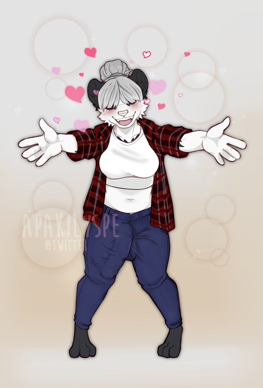 anthro balls_outline blush bottomwear breasts bulge clothing crop_top denim denim_bottomwear denim_clothing detailed_bulge flannel genital_outline gynomorph heart_symbol hearts_around_body hug_invitation hug_request intersex jeans pants penis_outline shirt solo topwear apakilyspe aimi_(sleepysushiroll) bear giant_panda mammal absurd_res hi_res