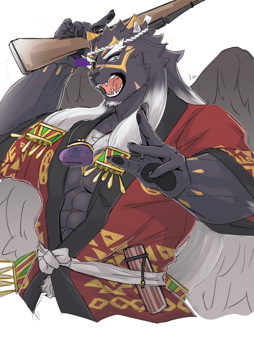 abs anthro black_body black_fur fangs fur green_eyes gun happi_(clothing) male muscular muscular_anthro muscular_male open_mouth pawpads pecs pubes ranged_weapon rifle smile solo teeth tongue weapon wings izm_rm7 lifewonders tokyo_afterschool_summoners tezcatlipoca_(tas) felid mammal pantherine absurd_res digital_media_(artwork) hi_res