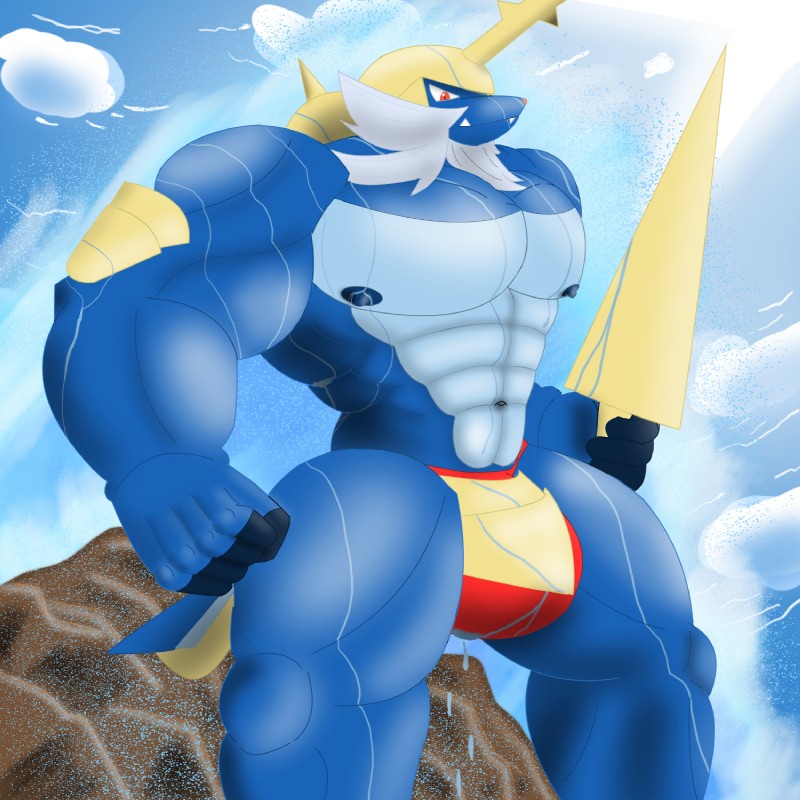 abs anthro anthrofied biceps big_muscles huge_muscles male melee_weapon muscular muscular_anthro muscular_male navel nipples pecs pokemorph solo sword weapon muscleartguy nintendo pokemon generation_5_pokemon mammal pokemon_(species) samurott 1:1 hi_res