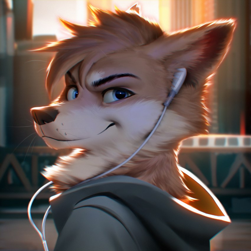 anthro black_nose blue_eyes blurred_background brown_hair clothed clothing electronics hair headphones looking_at_viewer male smile solo wayn_animation canid canine canis domestic_dog mammal 1:1 2021 adobe_photoshop_(artwork) digital_media_(artwork) hi_res