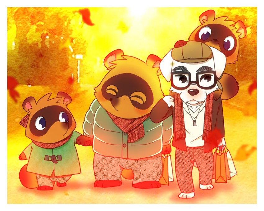 autumn black_nose blush border bottomwear brown_body brown_fur carrying_another clothing detailed_background eyes_closed eyewear front_view fur glasses group hand_holding identical_twins kemono male on_shoulders outside pants scarf slightly_chubby sweater topwear white_body white_border white_fur mujina_uranoya animal_crossing nintendo k.k._slider timmy_nook tom_nook_(animal_crossing) tommy_nook canid canine canis domestic_dog mammal raccoon_dog tanuki 2021 brother_(lore) brothers_(lore) nephew_(lore) sibling_(lore) twins_(lore) uncle_(lore) uncle_and_nephew_(lore)