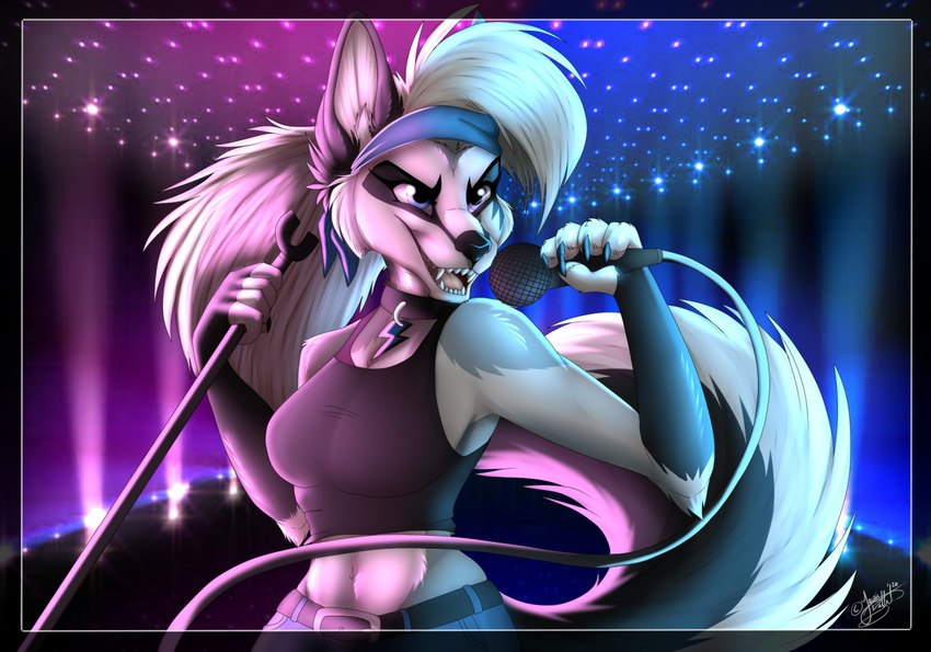 anthro biped black_body black_clothing black_crop_top black_fur black_nose black_shirt black_topwear blue_eyes bottomwear breasts claws clothing collar crop_top electronics fangs female fur hair holding_microphone holding_object kerchief lightning_bolt microphone microphone_stand multicolored_body multicolored_fur musical_instrument open_mouth pink_tongue rock shirt shorts singer solo teeth tongue topwear two_tone_body two_tone_fur white_body white_fur white_hair fox_fury jess_(fox_fury) canid canine fox mammal 2020 digital_drawing_(artwork) digital_media_(artwork) half-length_portrait portrait signature