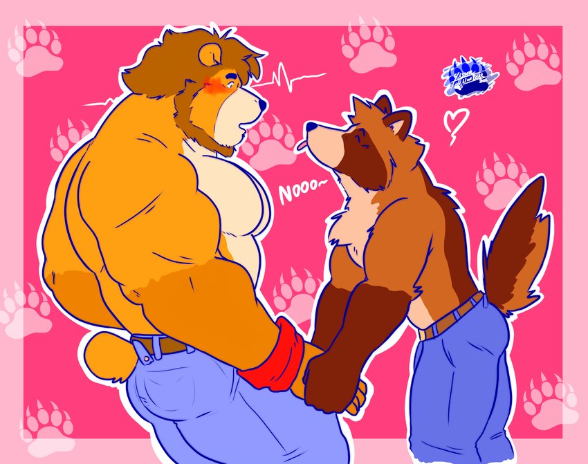 anthro barazoku biceps duo male male/male pecs pose yasser tanukis_(tanuki) yasser_(lionbear) bear canid canine hybrid mammal raccoon_dog tanuki absurd_res hi_res