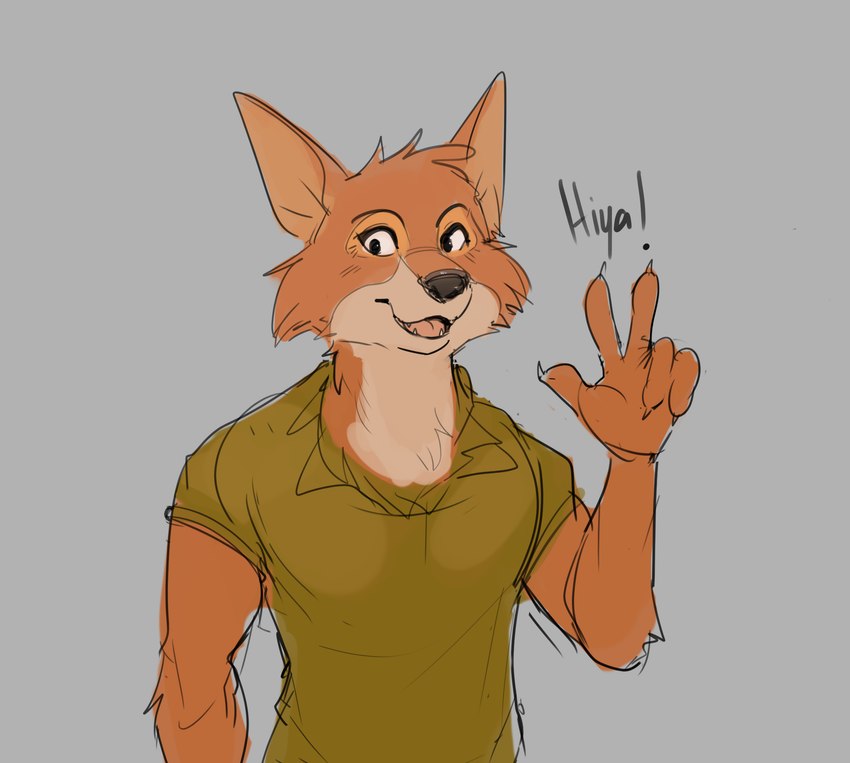 anthro athletic athletic_anthro athletic_male clothing gesture hand_gesture male shirt simple_background smile solo text topwear v_sign kemodick unknown_artist_(artist) disney robin_hood_(disney) robin_hood canid canine fox mammal red_fox true_fox absurd_res english_text hi_res sketch