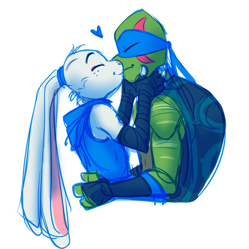 anthro anthro_on_anthro clothing duo eyes_closed fur green_body heart_symbol hoodie kerchief kissing male male/male topwear white_body white_fur unknownplants rise_of_the_teenage_mutant_ninja_turtles teenage_mutant_ninja_turtles usagi_yojimbo leonardo_(tmnt) miyamoto_usagi lagomorph leporid mammal pond_slider rabbit red-eared_terrapin reptile scalie terrapin turtle 1:1 absurd_res hi_res