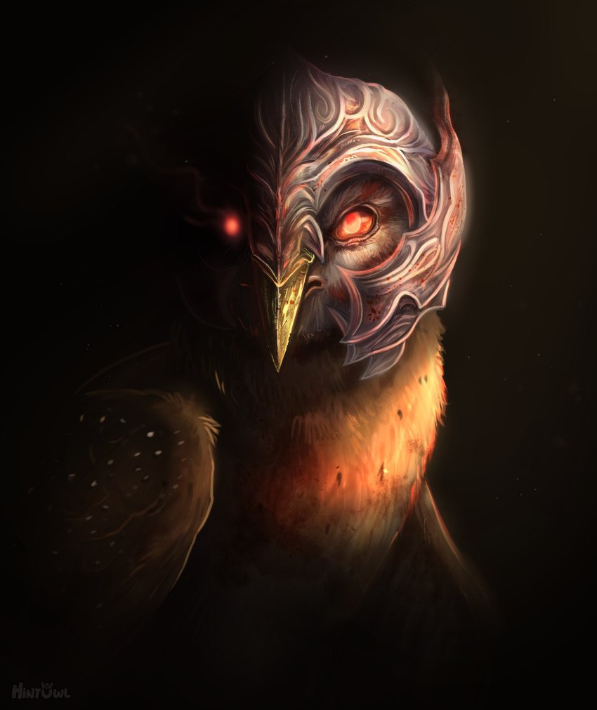 armor black_background brown_body brown_feathers feathers feral headgear headgear_only helmet helmet_only male red_eyes simple_background solo hintowl guardians_of_ga'hoole kludd metal_beak avian barn_owl bird owl tyto tytonid hi_res