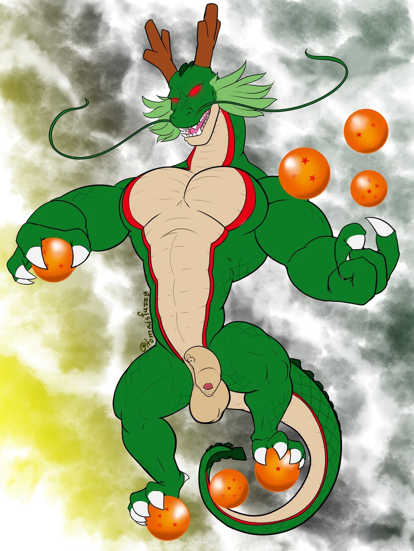 4_fingers 4_toes abs anthro anthrofied balls barbel_(anatomy) beckoning biceps brown_horn claws cloudy_background darkened_balls darkened_genitalia darkened_penis dorsal_ridge dragon_ball_(object) fangs feet fingers flesh_whiskers floating_object floating_objects foreskin genitals gesture glans glowing glowing_eyes green_body green_hair green_scales hair hand_gesture head_ridge holding_object horn humanoid_genitalia humanoid_penis looking_at_viewer male manly non-mammal_balls nude open_mouth outline pecs penis pink_glans red_eyes scales sharp_teeth simple_background solo standing_on_object tail tail_ridge tan_balls tan_body tan_penis tan_scales teeth toe_claws toes tongue uneven_balls unretracted_foreskin vein veiny_penis itoma_(artist) asian_mythology dragon_ball dragon_ball_z east_asian_mythology mythology shenron dragon eastern_dragon mythological_creature mythological_scalie scalie absurd_res colored_line_art digital_media_(artwork) hi_res signature