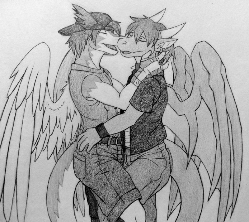 anthro anthro_on_anthro clothed clothing duo eyes_closed hair male male/male open_mouth simple_background tongue white_background wings nameless00 clei windragon close_(disambiguation) greyscale monochrome traditional_media_(artwork)