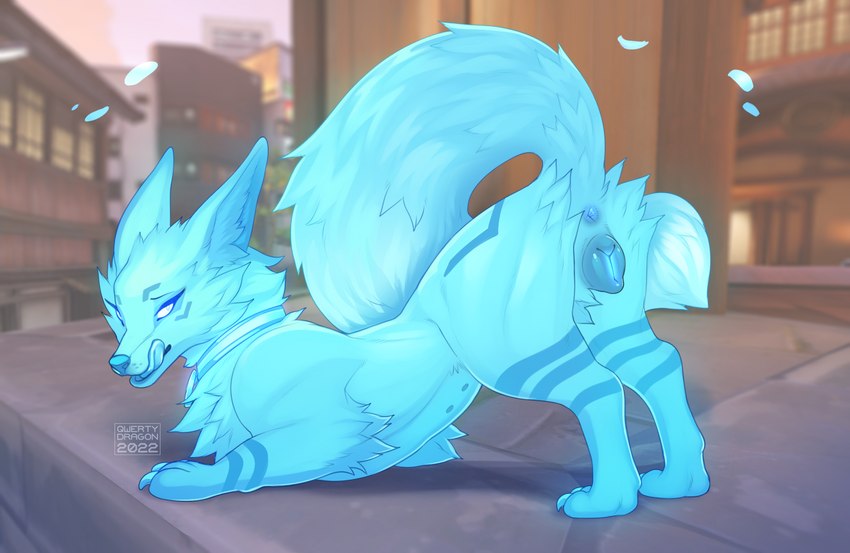 anatomically_correct anatomically_correct_anus anatomically_correct_genitalia anatomically_correct_pussy animal_genitalia animal_pussy anus ass_up bedroom_eyes blue_anus blue_body blue_fur blue_nose blue_pussy blurred_background butt canine_genitalia canine_pussy cheek_tuft chest_tuft claws detailed_background digitigrade eyebrows eyelashes facial_tuft female feral finger_claws fur fur_markings genitals inner_ear_fluff looking_at_viewer markings multi_nipple narrowed_eyes nipples presenting presenting_anus presenting_hindquarters presenting_pussy pussy quadruped raised_tail seductive solo tail text toe_claws tongue tongue_out tuft qwertydragon blizzard_entertainment overwatch kitsune_(overwatch) canid canine fox mammal spirit 2022 dated digital_drawing_(artwork) digital_media_(artwork) english_text hi_res shaded