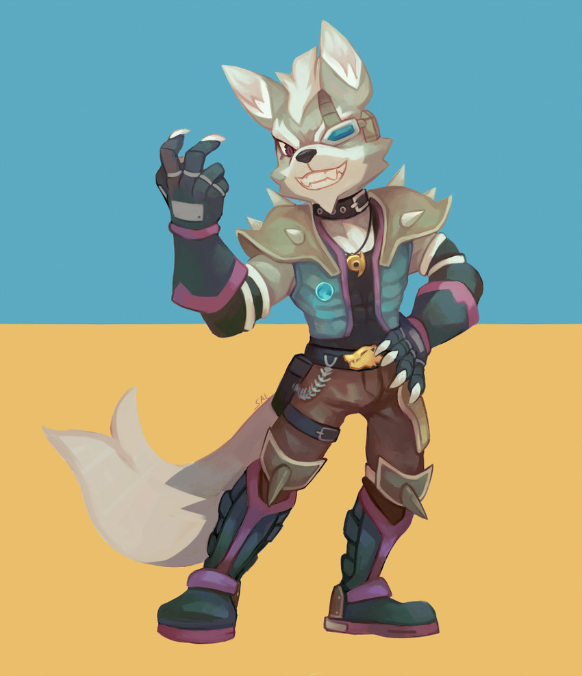 anthro belt boots bottomwear claws clothing eye_patch eyewear fingerless_gloves footwear fur gloves handwear jewelry male necklace pants shoes shoulder_pads smile solo spikes teeth topwear vest salanchu nintendo star_fox wolf_o'donnell canid canine canis mammal wolf digital_media_(artwork) digital_painting_(artwork) signature