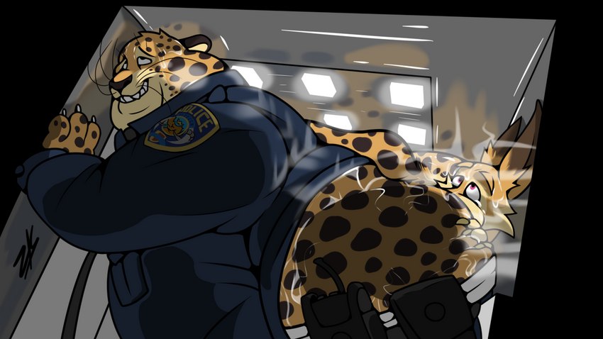 anal anthro anthro_on_anthro big_cheeks bodily_fluids brown_nose brown_spots butt chubby_cheeks claws clothing duo eyebrows fangs fur male male/male markings obese oral overweight overweight_anthro overweight_male pink_eyes police police_uniform rimming sex smile spots spotted_body spotted_fur steam sweat teeth topwear uniform whiskers yellow_body yellow_fur ziuki disney zootopia benjamin_clawhauser canid canine cheetah felid feline fox mammal 16:9 digital_media_(artwork) widescreen