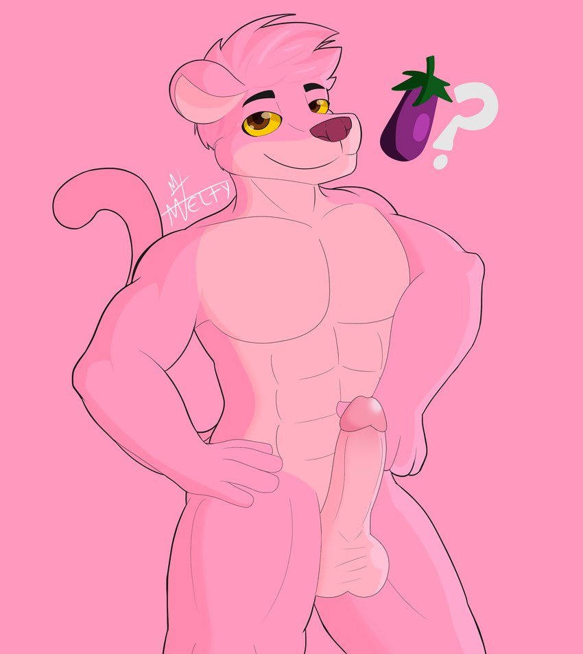 abs anthro balls biceps erection fur genitals humanoid_genitalia humanoid_hands humanoid_penis inviting looking_at_viewer male muscular muscular_anthro muscular_male nipples nude pecs penis pink_body pink_fur simple_background smile solo tail toony damelty metro-goldwyn-mayer pink_panther_(series) pink_panther felid mammal pantherine absurd_res hi_res