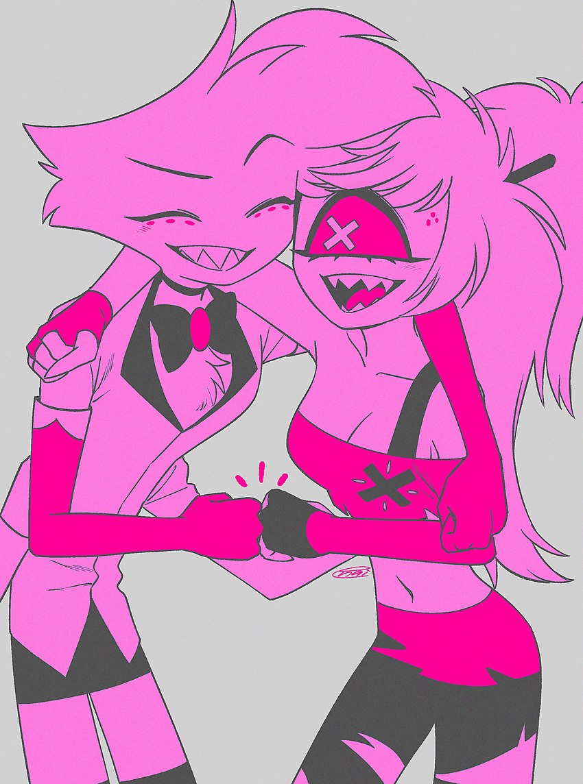 1_eye anthro breasts clothed clothing duo eyes_closed female fist_bump gesture male enaic31 hazbin_hotel angel_dust cherri_bomb_(hazbin_hotel) arachnid arthropod cyclops demon demon_humanoid humanoid spider absurd_res hi_res monochrome