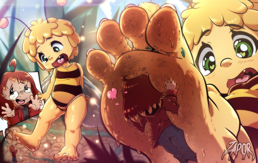 anthro barefoot bodily_fluids crush duo feet female female/female foot_crush foot_fetish happy insect_wings larger_young loli micro paws size_difference smile soles sweat toes uvula what wings young young_anthro zapor666 maya_the_bee_(series) maya_the_bee arthropod bee beetle human humanoid hymenopteran insect mammal hi_res