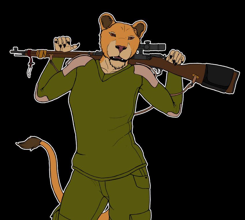 anthro clothing exposure_variation female gun jewelry mosin-nagant mosin_nagant_91/30 park_ranger ranged_weapon ranger rifle simple_background sniper_rifle transparent_background weapon world_war_2 world_war_2_rifle rebeldragon101 disney the_lion_king kiara_(the_lion_king) felid feline lion mammal pantherine alpha_channel