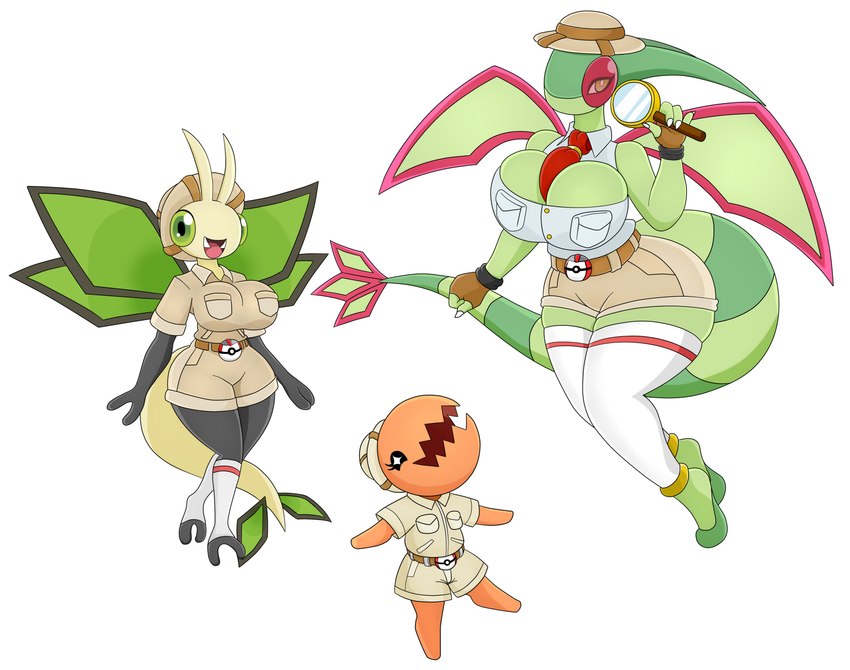 antennae_(anatomy) anthro big_breasts black_eyes bottomwear breasts clothing female green_body green_eyes group handwear hat headgear headwear huge_breasts legwear magnifying_glass necktie orange_body pokeball shirt shorts simple_background stockings tail timer_ball topwear trio white_background wings yellow_body yellow_eyes urusee584 nintendo pokemon flygon generation_3_pokemon pokemon_(species) trapinch vibrava absurd_res hi_res