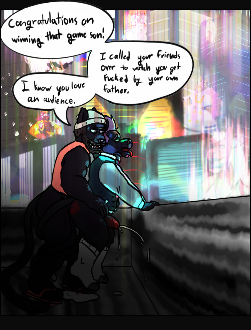 anal anal_penetration anthro anthro_on_anthro anthro_penetrated anthro_penetrating anthro_penetrating_anthro asphyxiation balls beard bodily_fluids breath_play choking city city_background cityscape clothed clothing cum cum_in_ass cum_inside cum_while_penetrated detailed_background dialogue duo ejaculation facial_hair future genital_fluids genitals hands-free hologram looking_pleasured male male/male male_penetrated male_penetrating male_penetrating_male open_mouth orgasm penetration penile penile_penetration penis profanity science_fiction sex text tongue tongue_out tigonking2.0 felid mammal pantherine english_text hi_res father_(lore) father_and_child_(lore) father_and_son_(lore) incest_(lore) parent_(lore) parent_and_child_(lore) parent_and_son_(lore) son_(lore)