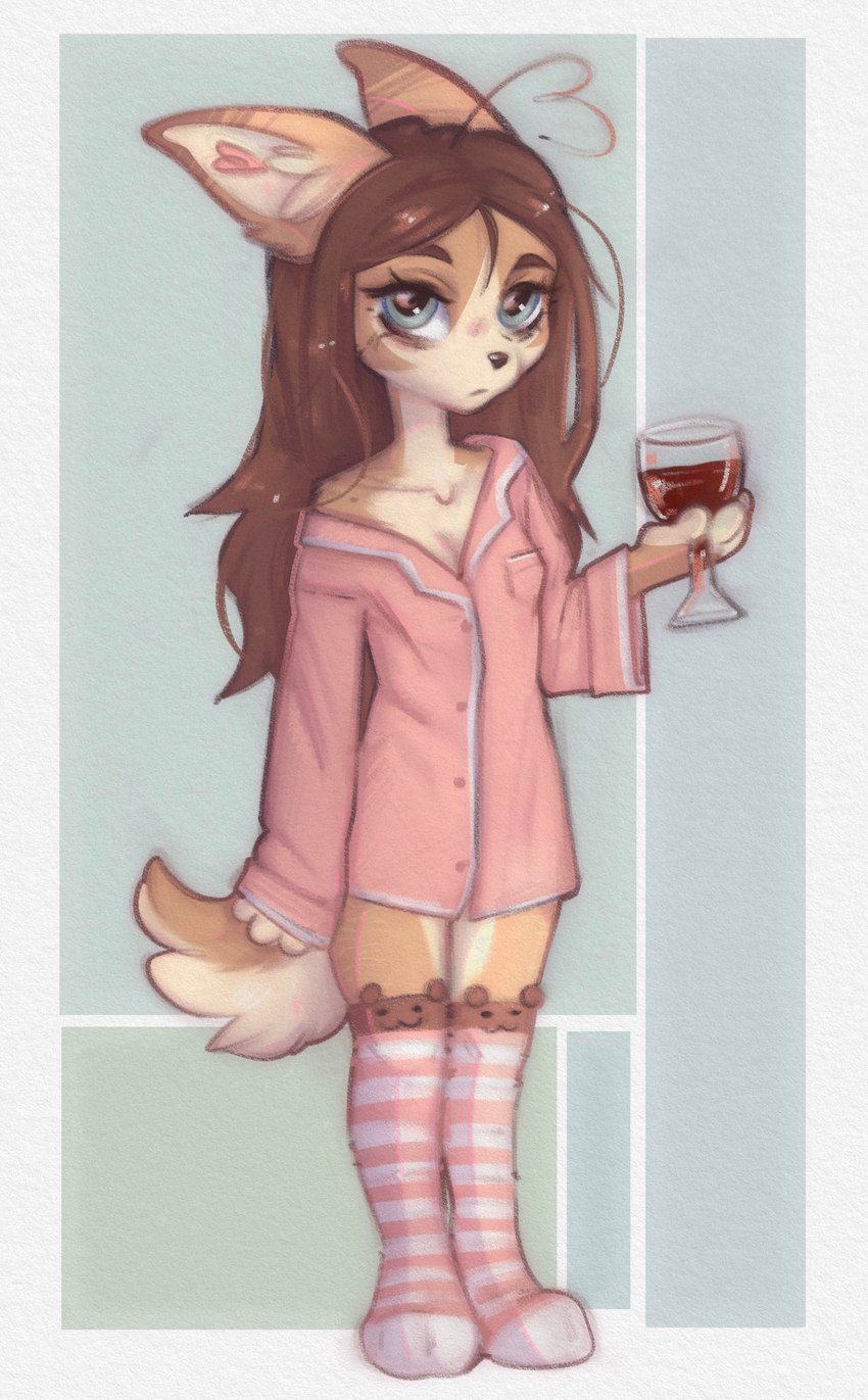 alcohol anthro bangs beverage big_eyes big_pupils biped black_nose border breasts brown_body brown_eyebrows brown_fur brown_hair brown_tail cleavage clothed clothed_anthro clothed_female clothing collarbone container countershade_face countershade_fur countershade_legs countershade_tail countershade_torso countershading cup dress_shirt drinking_glass eyebrows feet female female_anthro fingerless_(marking) fingers fluffy fluffy_tail footwear front_view fur geometric_background glass glass_container glass_cup hair holding_beverage holding_container holding_cup holding_glass holding_object holding_wine_glass knee_highs knee_socks legs_together legwear long_hair looking_at_viewer mouth_closed multicolored_body multicolored_clothing multicolored_footwear multicolored_fur multicolored_socks off_shoulder pantsless pantsless_anthro pantsless_female pattern_clothing pattern_footwear pattern_legwear pattern_socks pink_clothing pink_footwear pink_shirt pink_socks pink_stripes pink_topwear plantigrade pupils shirt simple_background socks solo standing striped_clothing striped_footwear striped_socks stripes tail tan_body tan_countershading tan_fur tan_inner_ear teal_background teal_eyes topwear two_tone_body two_tone_fur white_border white_clothing white_footwear white_sclera white_socks white_stripes wine wine_glass yshanii cotton_(yshanii) canid canine canis dingo mammal 2025 digital_media_(artwork) full-length_portrait hi_res portrait