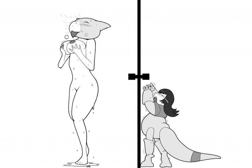 bathing blush bodily_fluids breasts crying duo female gym_leader hair hand_on_breast head_swap nipples nude showering smile standing tears tongue tongue_out transformation nken nintendo pokemon sabrina_(pokemon) abra generation_1_pokemon pokemon_(species) 2017 monochrome