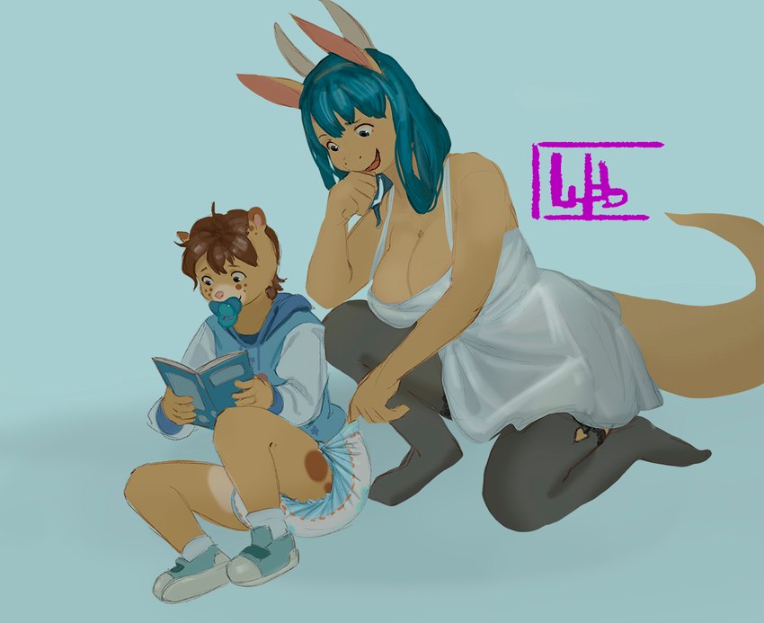 age_difference ageplay anthro big_breasts blue_background blue_eyes blue_hair book bottomwear breasts brown_hair cleavage clothed clothing diaper diaper_check dress duo female fingers footwear freckles fur green_hair hair hoodie horn infantilism kneeling legwear long_ears looking_at_another looking_at_diaper male male/female object_in_mouth oblivious older_female open_mouth pacifier pacifier_in_mouth pants print_diaper reading reading_book roleplay shoes short_hair simple_background sitting size_difference smile socks stockings sundress tail thigh_highs topwear touching_diaper white_clothing white_dress yellow_body yellow_fur yellow_skin young younger_male wob mythology molly_(ozzybear) ozzy_(ozzybear) bear dragon mammal mythological_creature mythological_scalie scalie signature