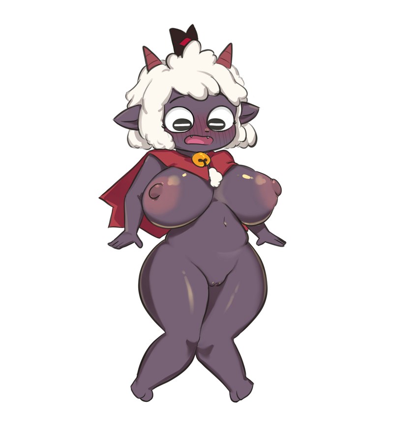 4_fingers anthro areola bell big_areola big_breasts big_nipples black_body black_ears black_eyebrows black_eyes black_skin blush breasts breasts_apart cape chest_tuft clothing crown eyebrows eyelashes fangs female fingers flustered fur genitals glistening glistening_breasts hair headgear hooves horizontal_pupils horn humanoid_hands jingle_bell navel nipples nude open_mouth pink_tongue pupils pussy red_cape red_clothing sharp_teeth simple_background solo teeth teeth_showing thick_thighs tongue tuft white_background white_body white_fur white_hair white_pupils white_wool wide_hips wool_(fur) 71er cult_of_the_lamb massive_monster_(studio) lamb_(cult_of_the_lamb) red_crown_(cult_of_the_lamb) bovid caprine mammal sheep absurd_res hi_res