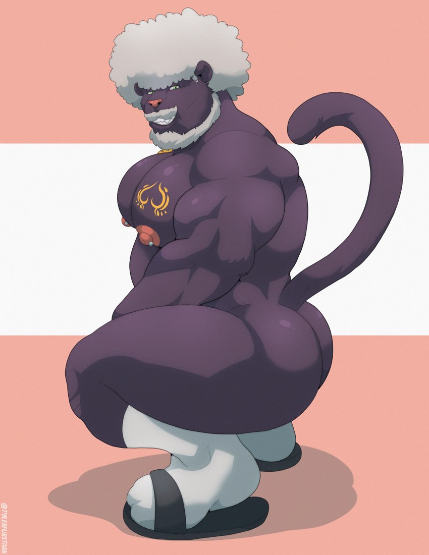 afro anthro butt green_eyes hair male muscular muscular_anthro muscular_male purple_body solo squatting_position tattoo white_hair tylerstark dante_(dantethepanther) felid mammal pantherine hi_res