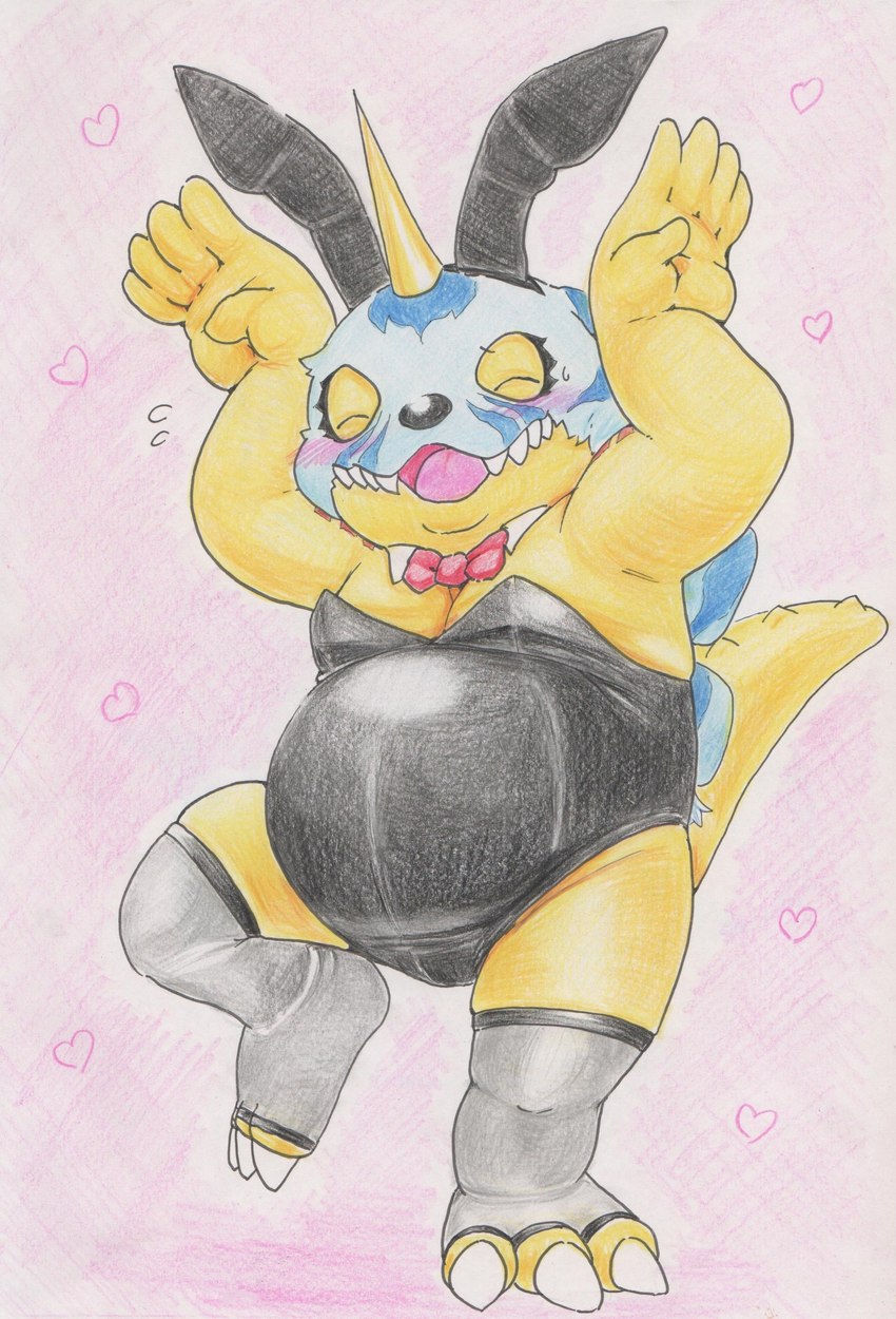 animal_skin anthro belly blush bow_tie embarrassed heart_symbol male playboy_bunny playboy_outfit slightly_chubby solo yellow_body tabasukotrr bandai_namco digimon digimon_(species) gabumon absurd_res hi_res traditional_media_(artwork)