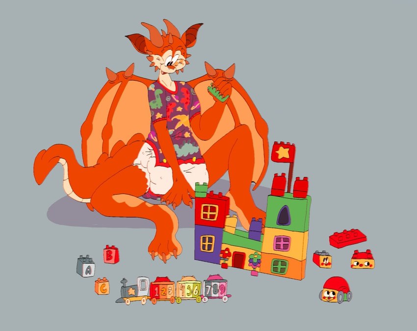 ageplay anthro block clean_diaper clothed clothing diaper grey_background happy horn legos male onesie open_onesie playing red_body roleplay simple_background sitting smile solo toy wearing_diaper wings kippinz mythology dragon mythological_creature mythological_scalie scalie 2025